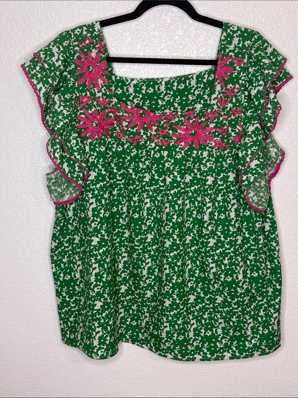 Oddi Green & Pink Floral Ruffle Embroidered Top Size 3X
